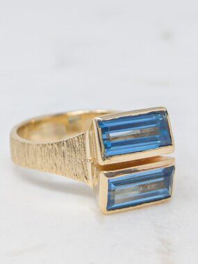 14k Gold Modernist Double Baguette Blue Stone Ring, Size 6.5